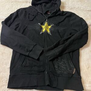 Vintage rockstar energy zip up hoodie black X-large Y2K spell out embroidered